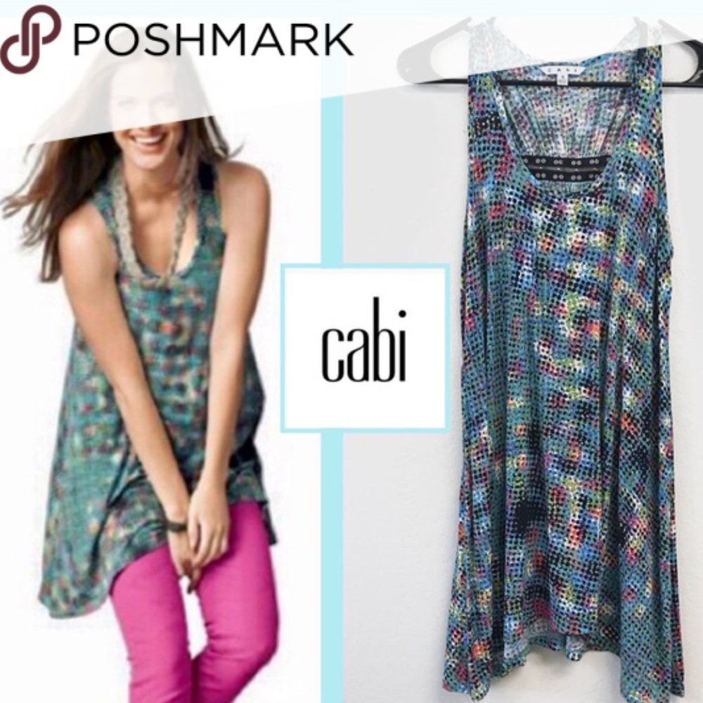 CAbi Multicolor Dot Print Trapeze Tunic Tank Top